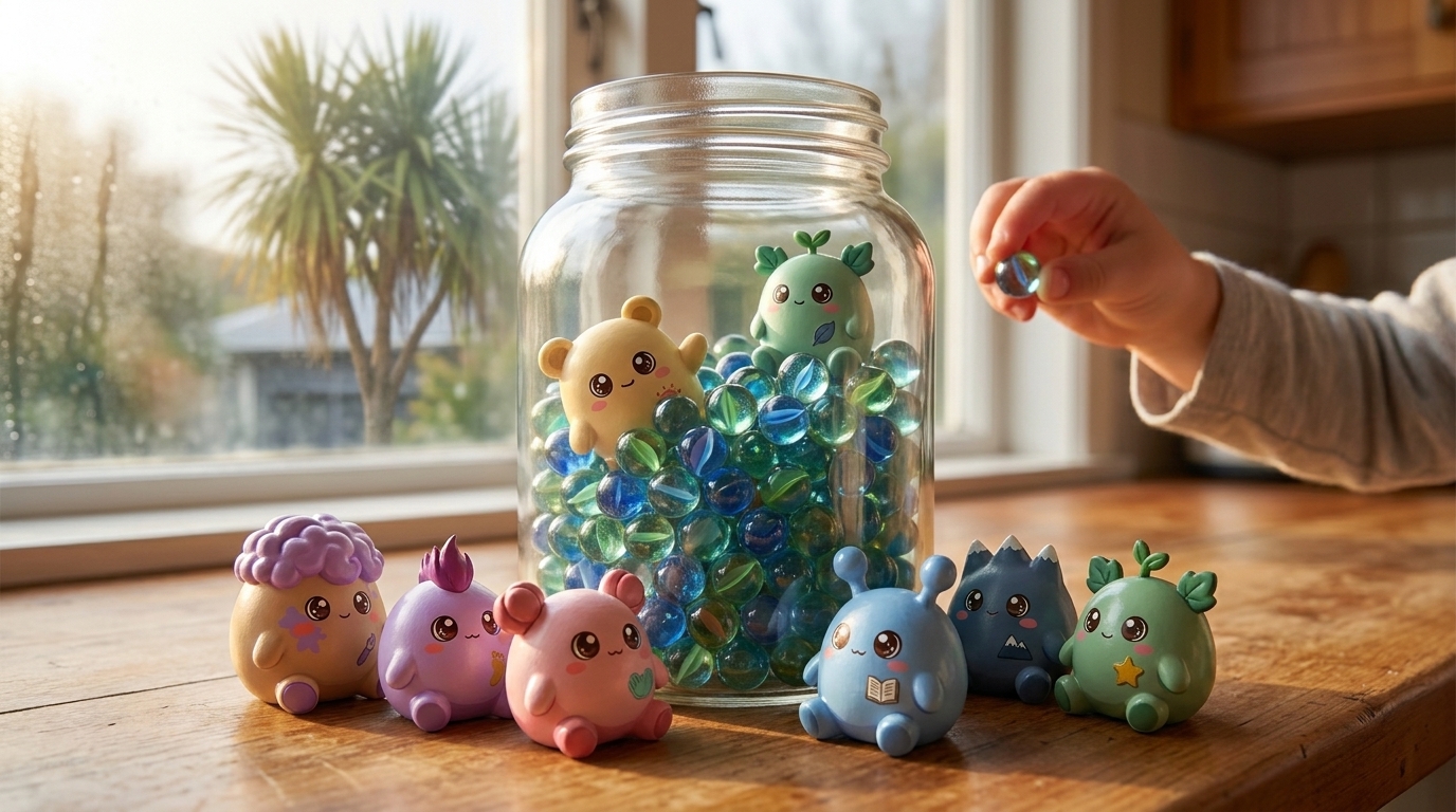 A jar of marbles with cute figurines sitting around it on a wooden table